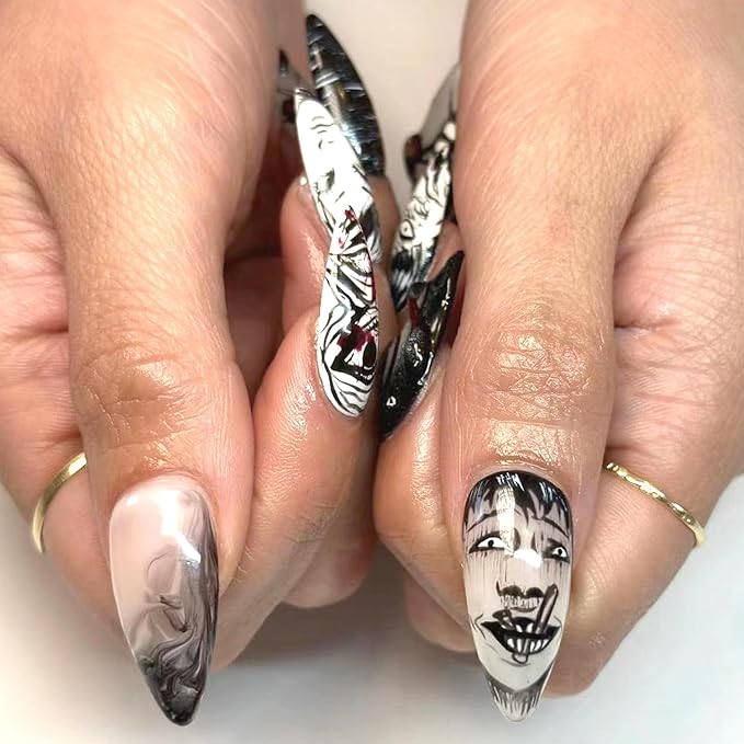 24Pcs Horror Comic Press on Nails Medium Almond Fake Nails Glossy Black Japanese Anime Nails Gothic Punk False Nails Japanese Comic Style Full Cover Press on Halloween False Nail Tips for Girls