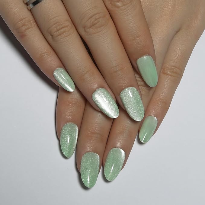 Green Almond Press On Nails Short Cat Eye Press on Nails with Glue for Women Ashionable Gel False Nails Reusable Acrylic False Nails Women's Glitter Nails Glue On Nails Kit, Mint Green