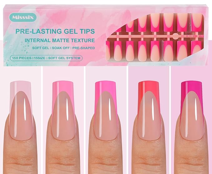 Misssix French Gel Nail Tips, 150Pcs Pink French Tip Press on Nails Long Square, No Need to File Tips Pre-lasting, Fake Nails for Nail Art DIY 15 Sizes