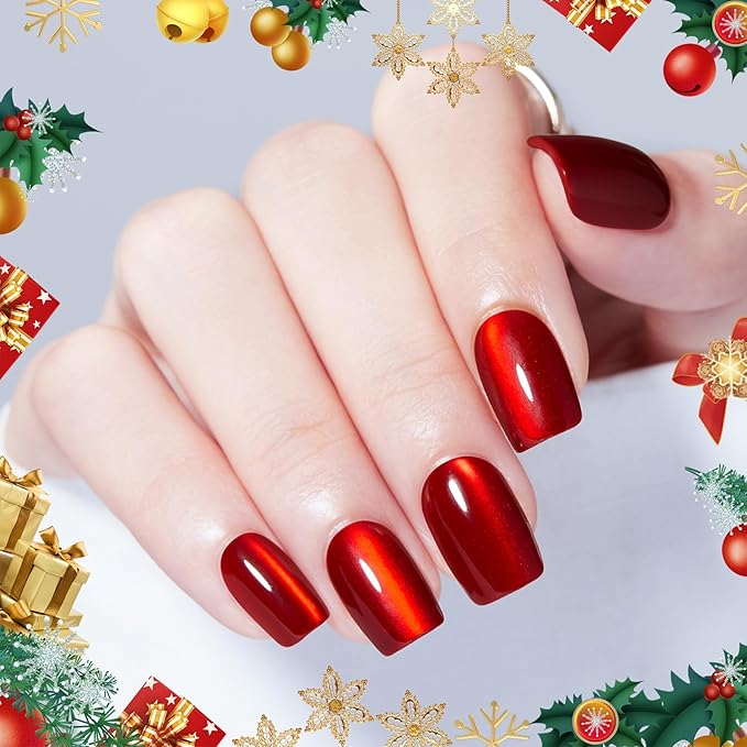 Modelones Red Cat Eye Press on Nails, Christmas Short Square Fake Nails, Reusable Nail Kit with Nail Glue Adhesive Tabs Mini Nail File, Nails Press Ons 32Pcs16 Sizes, Women Girl Gift