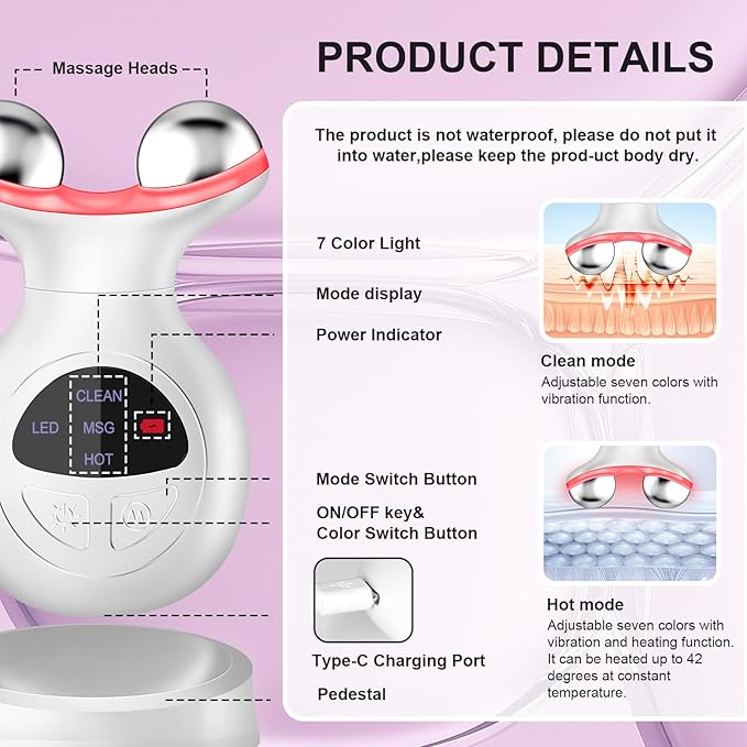 Microcurrent Facial Device, 7 Colors for Fading Fine Lines on Neck and Tightening Skin, Facial Wrinkle Removal Device, Smart Photon Micro-Current Device, White