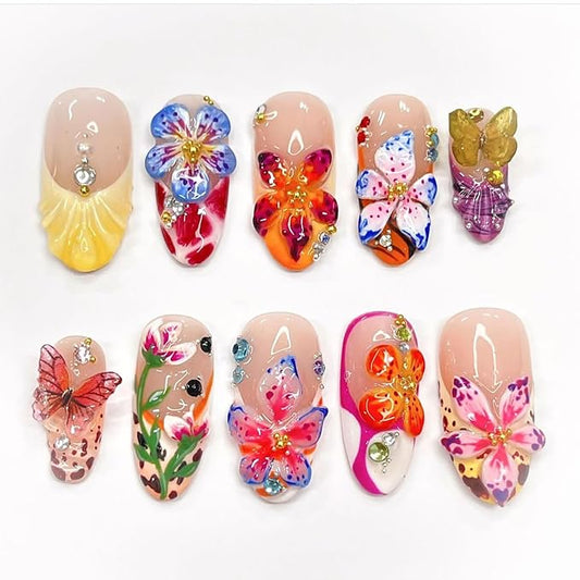 Flower Press on Nails Long Almond Fake Nails 3D Floral Colorful Butterfly Rhinestone Design French Tip False Nail Spring Summer Stick on Nails Acrylic Glue on Nail Art DIY Manicure Supplies