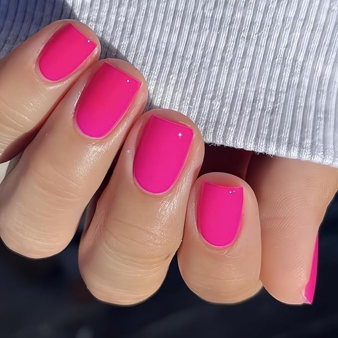 48Pcs Hot Pink Press on Nails Short Square Fake Nails, Neon Glue on Nails Gel Nails Press ons, Acrylic Nails Stick on False Nails for Women Natural Handmade Thick Extra Short Nails Small Petite