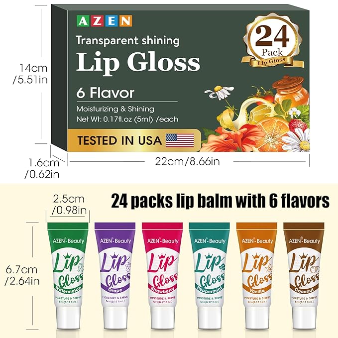 AZEN 24 Pack Lip Gloss Set, Clear Lip Gloss Bulk, Lip Oil for Dry Cracked Lips Moisturizing Hydrating Nourishing with Vitamin E