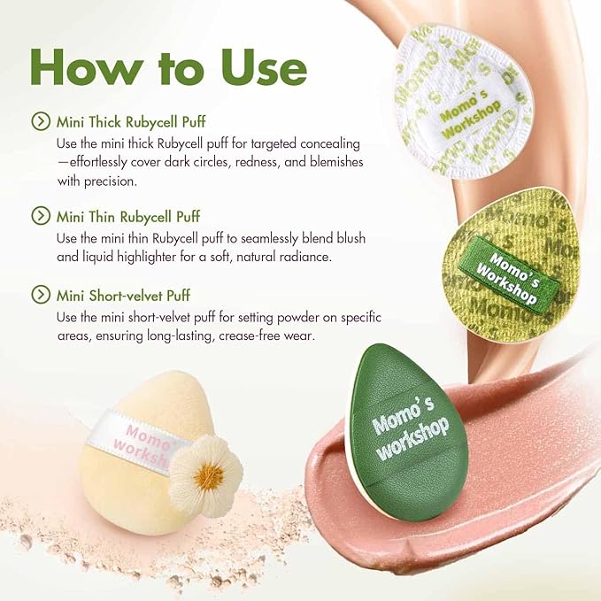 Mini Denim Makeup Sponge Set,Mini Makeup Blenders Sponge for Concealer/Blush/Highlighter, Perfect for Detail Work & Travel,4pcs Green Mini Concealer Puffs with Travel Pouch