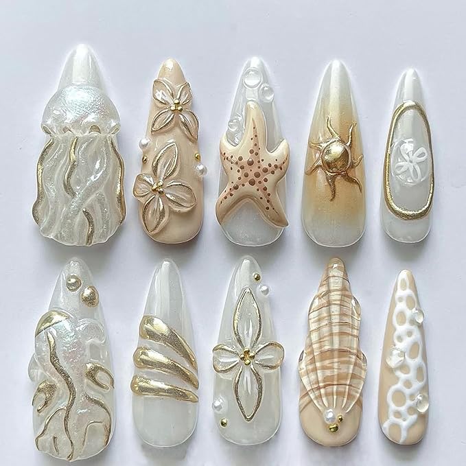 30Pcs Summer Beach Press on Nails Medium Almond Flower Fake Nails 3D Jellyfish Starfish Sun Rhinestones Designs Full Cover Glitter Stick on Nails Gold False Nails for Women Girls Acrylic Nail Salon