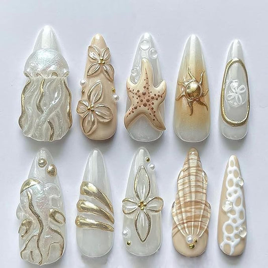 30Pcs Summer Beach Press on Nails Medium Almond Flower Fake Nails 3D Jellyfish Starfish Sun Rhinestones Designs Full Cover Glitter Stick on Nails Gold False Nails for Women Girls Acrylic Nail Salon
