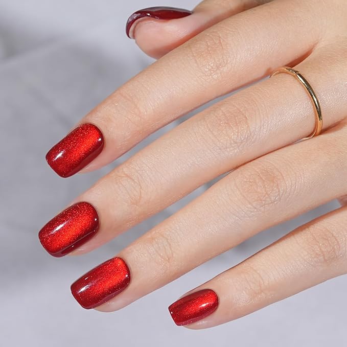 Press On Nails Short - Red Press On Nails Cat Eye Acrylic Square Red Nails with Nail Glue, Fit Perfectly Stick On Nails in 16 Sizes - 32PCS Soft Gel Kit,Crimson Fang