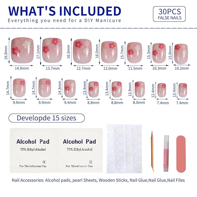 Summer Press on Nails Short Square, Pink Fake Nails with Cute Blossom Designs, Glossy Gel Finish Acrylic Nails, Thick Natural Reusable Glue on Nails Kit for Women, 15 Sizes - 30Pcs, Sweet Bloom