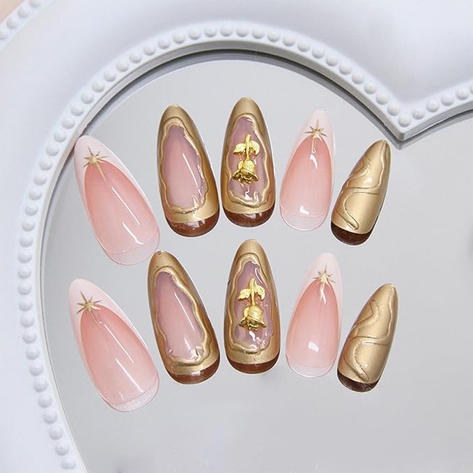 3D Rose Flower Press on Nails 24Pcs Stars Press ons Fingernails Curve Line Gel Glue on Acrylic Fake Nails Glossy Gold Medium Almond False Nail French Tips Stick on Nail for Holiday Manicure Art