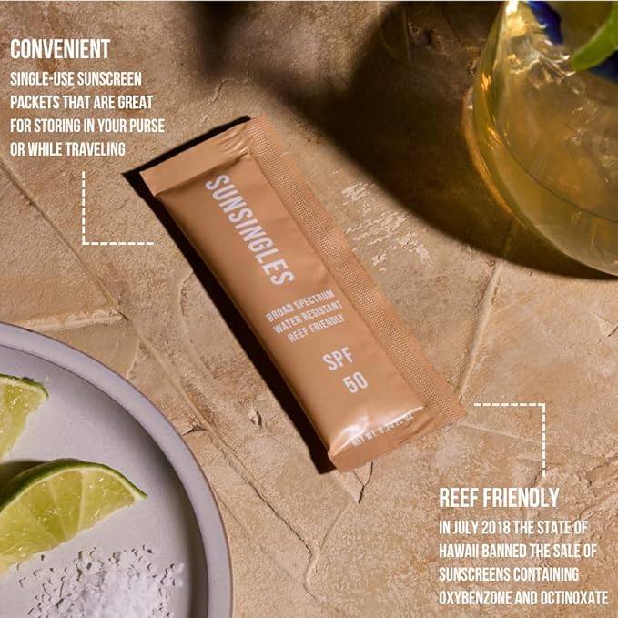 SunsinglesTravel Size Sunscreen, Waterproof/Sweat Proof SPF 50 Protection Fragrance-Free Lotion, PABA-Free Mini Sunscreen For Face, Reef Safe Sunscreen, Single Use Packets 0.34 Fl Oz