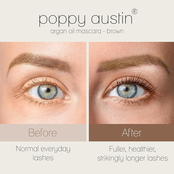 Poppy Austin Organic Mascara, Natural, Vegan, Paraben-Free, Cruelty-Free - Hypoallergenic Mascara Lengthening & Volumizing with Argan Oil - 0.31 Fl Oz (Brown)