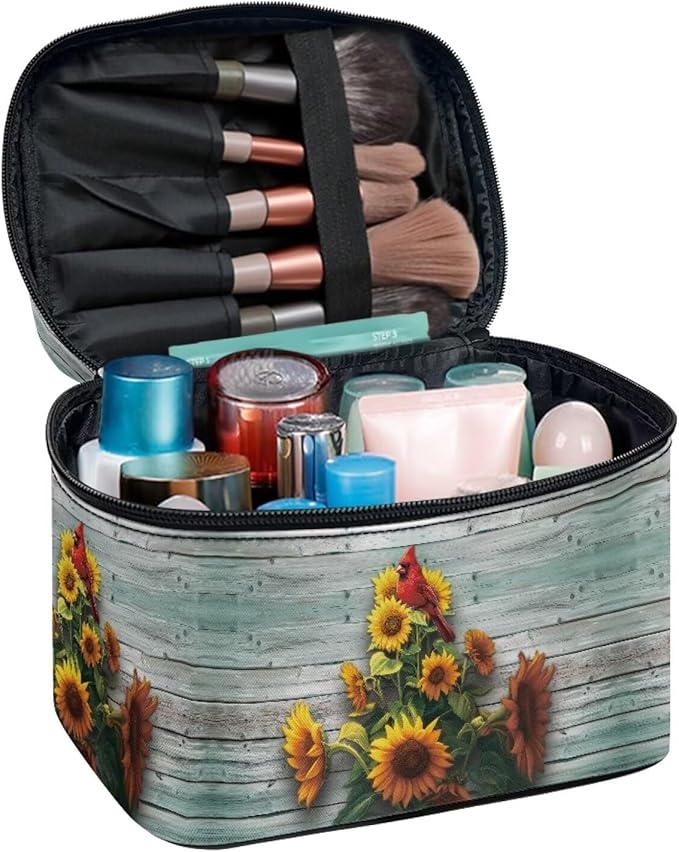 Cardinal Bird and Sunflower Print Travel Makeup Bags for Women Portable Tote Cosmetic Case with Carry Handle Toiletry Accessories Storage Organizer Bags