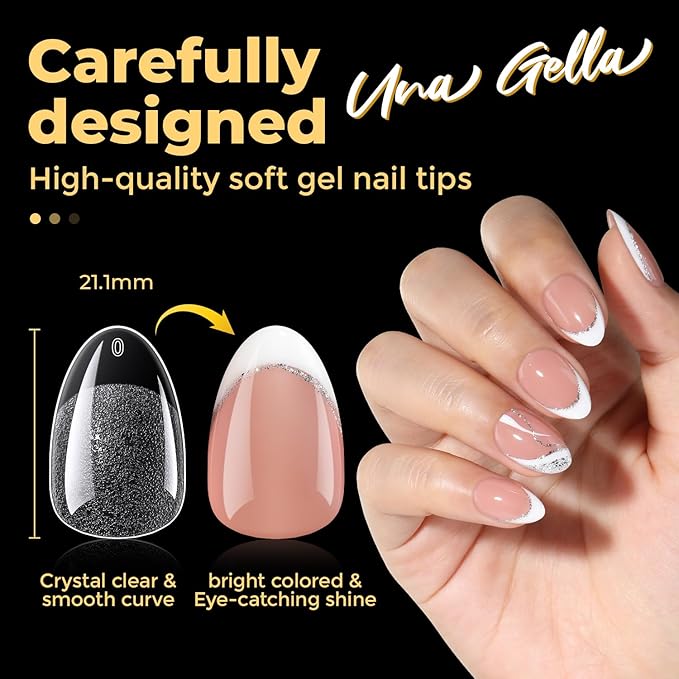 UNA GELLA 600Pcs Short Oval Almond Gel Nail Tips, Round Almond Press on Nails Pre-shaped Soft Gel Clear Fake Nails Tips Full Cover for Nail Extension Home DIY Salon 12 Sizes
