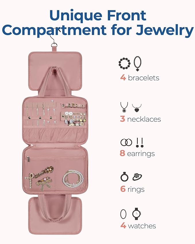 BAGSMART Travel Toiletry Bag with Jewelry Organizer, Hanging Travel Bag for Toiletries, Puffy Makeup Cosmetic Bag Organizer, Carry-on Travel Accessories Essentials, Dark Pink-L