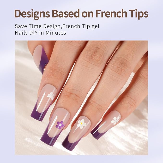 Misssix French Gel Nail Tips, 150Pcs Purple French Tip Press on Nails Long Square, No Need to File Tips Pre-lasting, Fake Nails for Nail Art DIY 15 Sizes