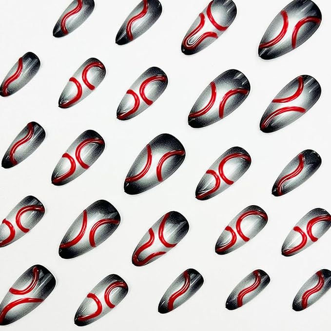 IMRAIN Press on Nails Medium Almond Fake Nails Black White Ombre False Nails with 3D Red Line Designs Full Cover Glossy Y2K DIY Nail Supplies Glue on Nails Stick on Nails for Women Girls 24Pcs