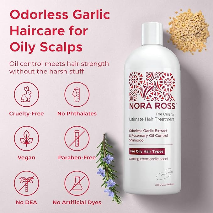 Nora Ross Garlic Extract Clarifying and Strengthening Shampoo and Conditioner with Rosemary – Deep Cleansing, Oil Control Combo for Women and Men – Vegan Formula with Fresh Chamomile – 32 oz each