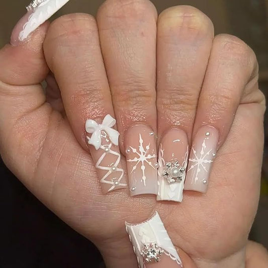 White French Tip Press on Nails Medium Square Fake Nails with 3D Bow Snowflake Charm Designs Gradient Nails Press ons Winter Acrylic Nails for Women 24Pcs