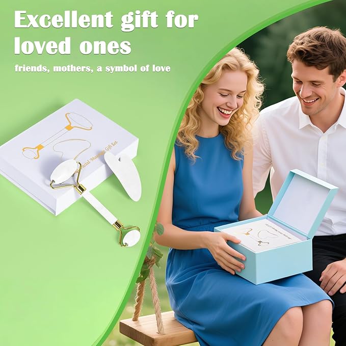 Jade Roller Gua Sha Tools – Nature Gua Sha Facial Tool Skin Tightening Face Massager Anti-Aging Jade Face Roller Puffiness Reducing Guasha Stone for Women Men 2-Color Pack(G/W)