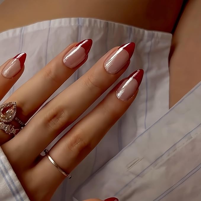 KQueenest Cat Eye Press On Nails Almond, Glitter Red French Tip Press On Nails Medium, Natural Nude Fake Nails With Glue, Soft Gel Glue on Nails with Design, Reusable Stick on Nail for Women, 24 Pcs