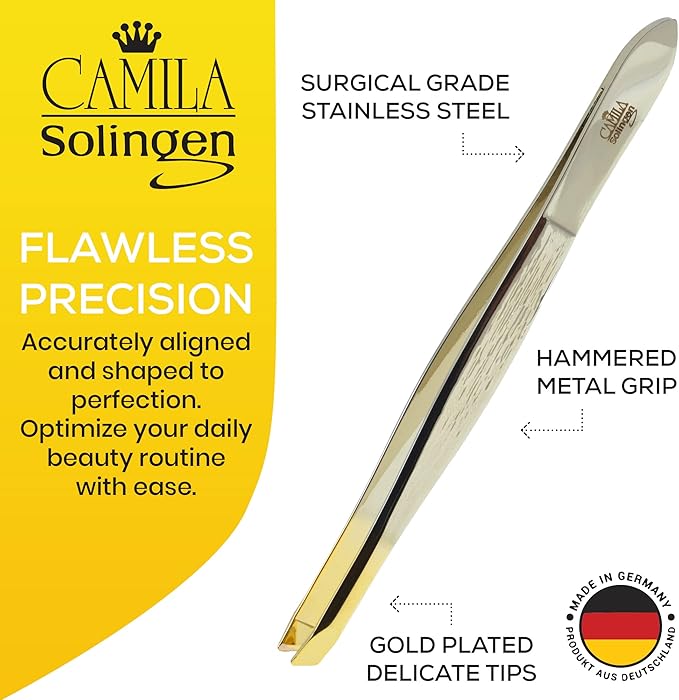 CS29 3 1/2" Gold Tipped, Surgical Grade, German Stainless Steel Tweezers (Slanted) - Flawless Eyebrow and Facial Hair Shaping and Removal for Men/Women