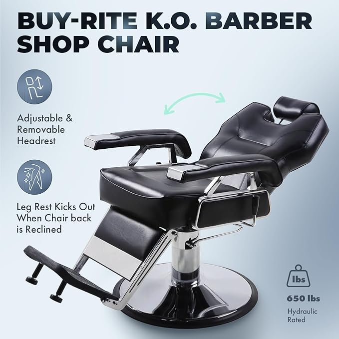Buy-Rite K.O. Professional Barber Chair - Fully Reclining Hydraulic Barbering Chair with 360° Swivel, Adjustable Headrest, Extra-Wide Seat & 28" Chrome Base for Barbershops, SY-31307