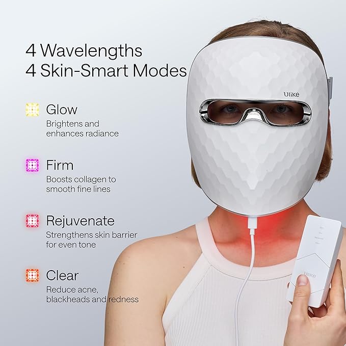 Ulike ReGlow LED Light Therapy Mask, Red Light Therapy for Face, 4 Modes with Red, Blue, Yellow & Infrared Red Lights for Reduce Acne & Anti-Aging, Eye-Protection, 272 Beads, Remote Control