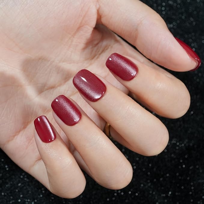 Wine Red Cat Eye Christmas Press on Nails Short - Translucent Red, Jofay Fashion 5 Set Short Square Fake Nails Acrylic False Nails Reusable Full Cover Stick on Nails for Women Girls Gift