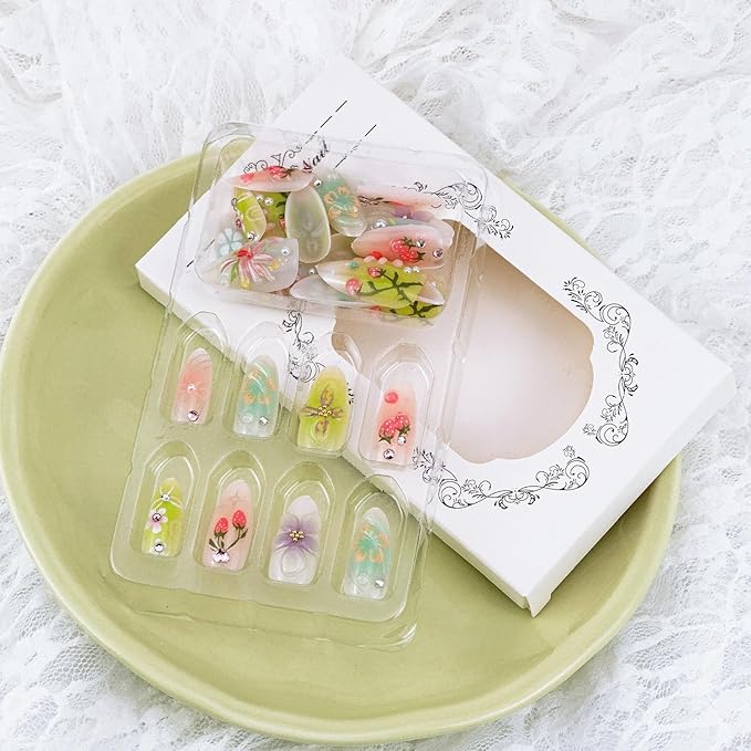 30pcs Flower Press on Nails Medium Almond Fake Nails with 3D Flower Strawberry Designs Handmade False Nails Gold Beads Bow Star Rhinestones Stick on Nails Floral Full Cover Glue on Nails for Women