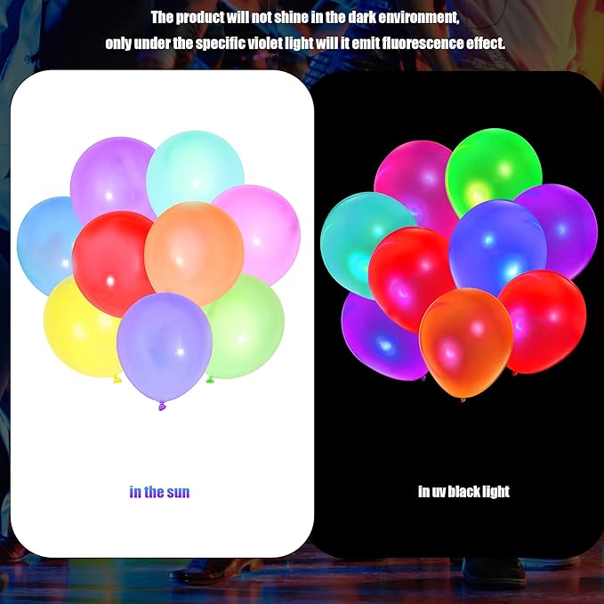 200 Pcs UV Neon Balloons, 7 Colors Blacklight Reactive Fluorescent Balloons Glow in the Dark Birthday Decorations for Birthday, Wedding, Neon Party, Glow Party Decorations Supplies