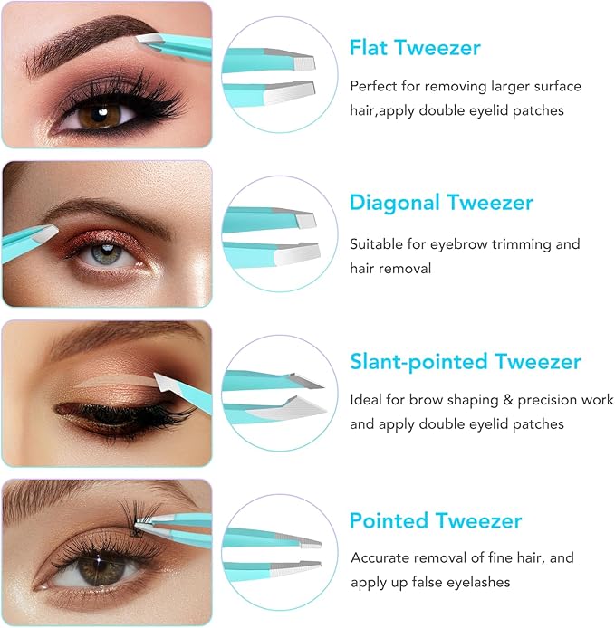 Tweezers Set and Nail Clippers 8Pcs Precision No Gaps Eyebrow Tweezer Kit for Facial Hair Men & Women Travel Tweezers with Leather Case (Violet/Cyan)