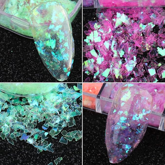 12 Colors Holographic Nail Art Glitter Sequins Iridescent Ice Slag Nail Glitter Laser Nail Art Flakes Colored Fluorescent Glass Paper Nail Sticker Decoration for Face Hand Body Make-Up DIY