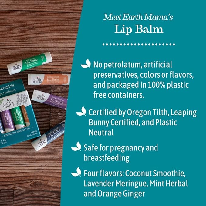 Earth Mama Lip Balm Set | Lavender Meringue 4-Pack | Lip Moisturizer with Organic Lavender Oil for Sensitive Skin