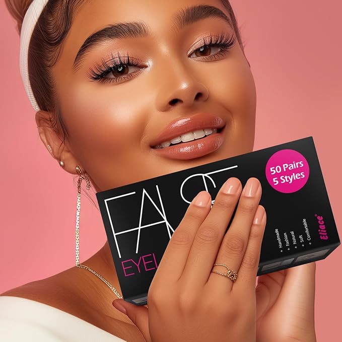 Eliace Eyelashes, (50 Pairs,5 Styles) Luxurious Faux Mink Lashes Natural Look Wispy Fluffy Handmade Cat Eye False Lash Pack, False Eyelashes Set, Fake Lashes Strips, Makeup Fake Eyelashes Pack