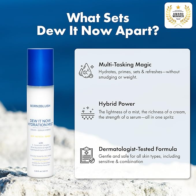 Dew It Now Hydration Mist – Cream + Serum Face Mist Hydrating Spray with Ceramides, Argan Oil & Squalane – Lightweight Face Barrier Repair – for All Skin Types, Sensitive Skin Safe – 120ml