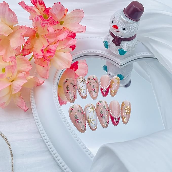 Christmas Press on Nails Medium Almond French Tip Fake Nails Xmas Gingerbread Man Holly Snowflake False Nail Glossy Pink Glue on Nails with Pearl Designs Christmas Acrylic Nail for Women 24 Pcs