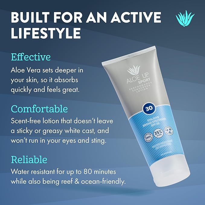 Aloe Up Sport Sunscreen Lotion SPF 30 - Broad Spectrum UVA/UVB Sunscreen Protector for Face and Body - With Hydrating Aloe Vera Gel - Non-Greasy No White Cast Reef Safe Fragrance-Free - 6 Oz.