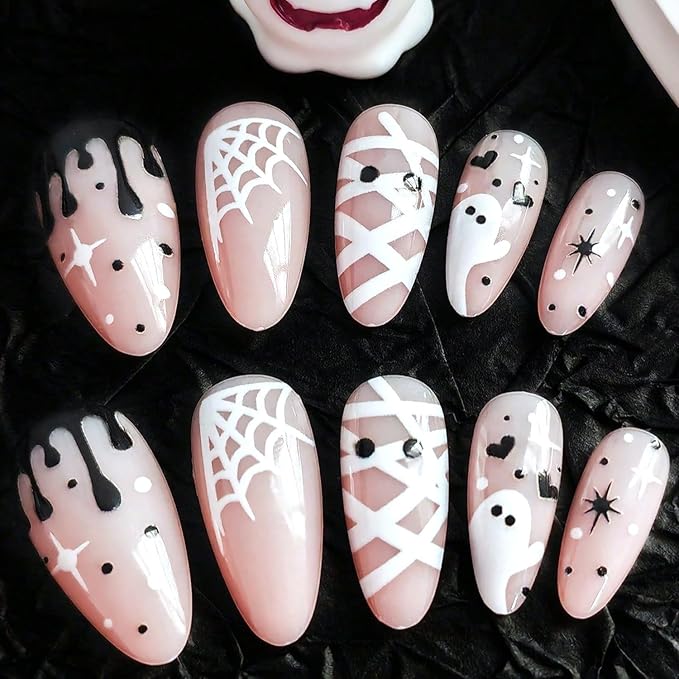 24Pcs Halloween Press on Nails Medium Almond Fake Nails with White Spider Web Mummy Heart Design Cute Ghost False Nails Nude Full Cover Artificial Glue on Nails Black Blood Stick on Nail for Women