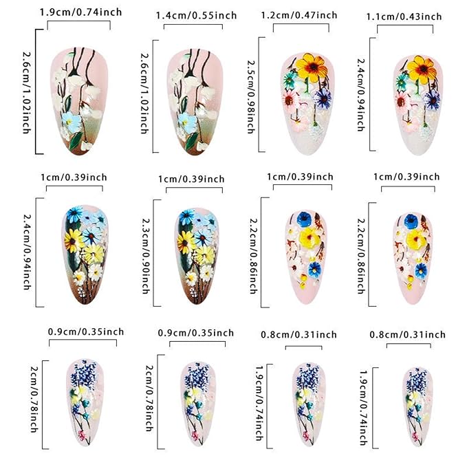 Wild Flower Press on Nails 24Pcs Green Leaves Medium Almond False Nail Summer Flowers Gel Glue on Fingernails Glossy Brown French Stick on Nail Acrylic Full Cover Fake Nails for Holiday Manicure Art
