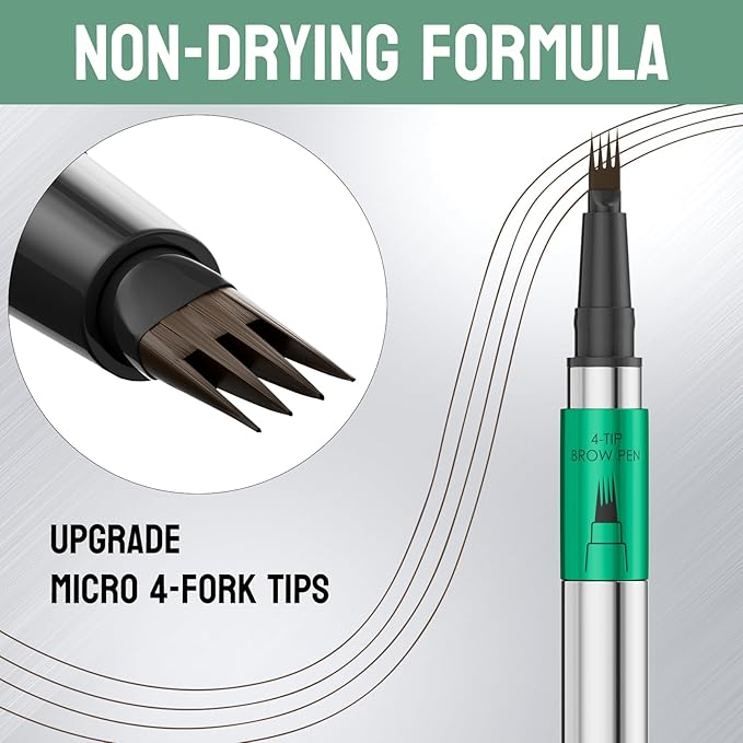 Microblading Eyebrow Pen - Waterproof Eye Brow Pen with 4-Fork-Tip Liquid Brow Pens for Natural Looking Defined Eyebrows (Dark Brown)