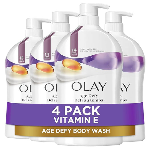 Olay Body Wash for Women, Age Defying with Vitamin E, 24hr Moisturizing, Hydrating & Refreshing, B3 Vitamin Complex, Free of Parabens & Phthalates, For All Skin Types, Scented, 33 fl oz (Pack of 4)