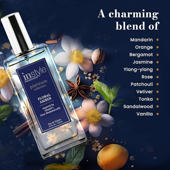 Instyle Fragrances, Platinum Collection, Floral Amber, Inspired by Chanel's Coco Mademoiselle, Women’s Eau de Parfum, CLEAN, Vegan, Paraben-Free, Never Tested on Animals, 3.4 Fluid Ounces