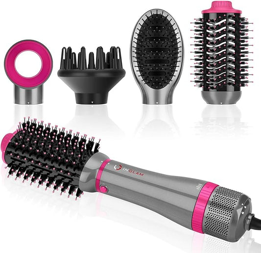 IG INGLAM 4 in 1 Blowout Brush, Negative Ion Detachable Hair Dryer & Styler Volumizer Hot Air Brush with 2 Styling Brush Heads, Silver