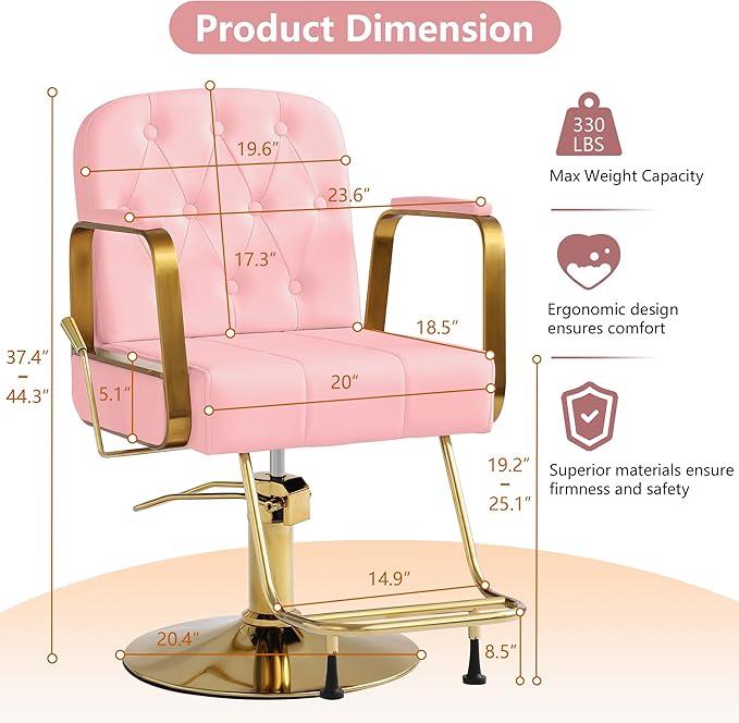 Barber Salon Chair for Hair Sylist, Hydraulic Salon Chairs, Height Adjustable Barber Chairs, Reclining Barber Styling Chairs, 360 Degrees Rotation Shampoo Chair for Barbershop (Pink)