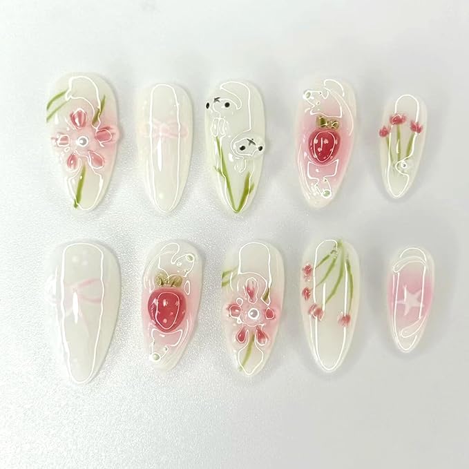 24Pcs Cute Press on Nails Medium Almond Fake Nails with Flowers Cute Bunny Designs Artificial Cute Nails Stick on Nails Spring False Nails Acrylic Nail Full Cover Artificial Glue on Nails for Women
