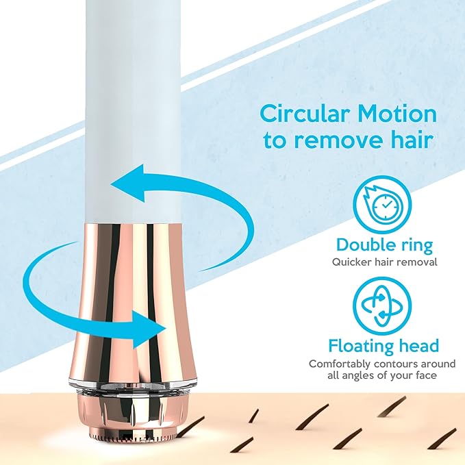 Facial Hair Remover for Women Painless Flawless Electric Razor Epilator Trimmer Shaver with 18K Gold-Plated, 16mm Dual Ring Floating Head, USB Rechargeable, 360° LED for Face Lip Hair Removal