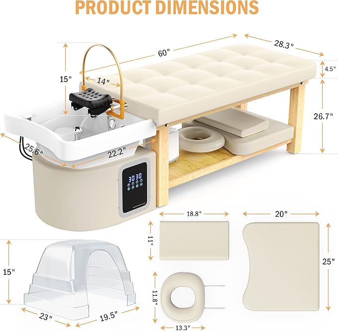 Hair Washing Head Spa Stationary Massage Table with Water Cycle & Fumigation Salon Equipment for Beauty Head Spa Physical Therapy Massage, Wood Frame, PU Leather - Beige Gray