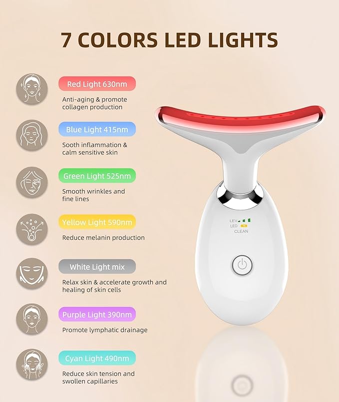 7 Color Face and Neck Massager Light Therapy, Red Light Based Facial Massager for Skin Care, Firming, Smoothing (White)