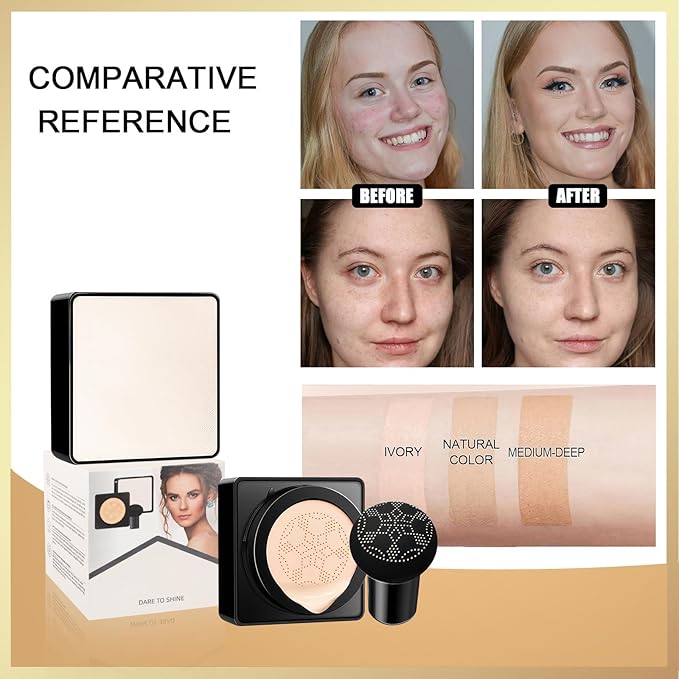 Air Cushion CC Cream Mushroom Head - Moisturizing & Oil Control Screw Lid Concealer Makeup Base, Primer Liquid Foundation Long Lasting with Mushroom Makeup Sponges for All Skin Types (Ivory)